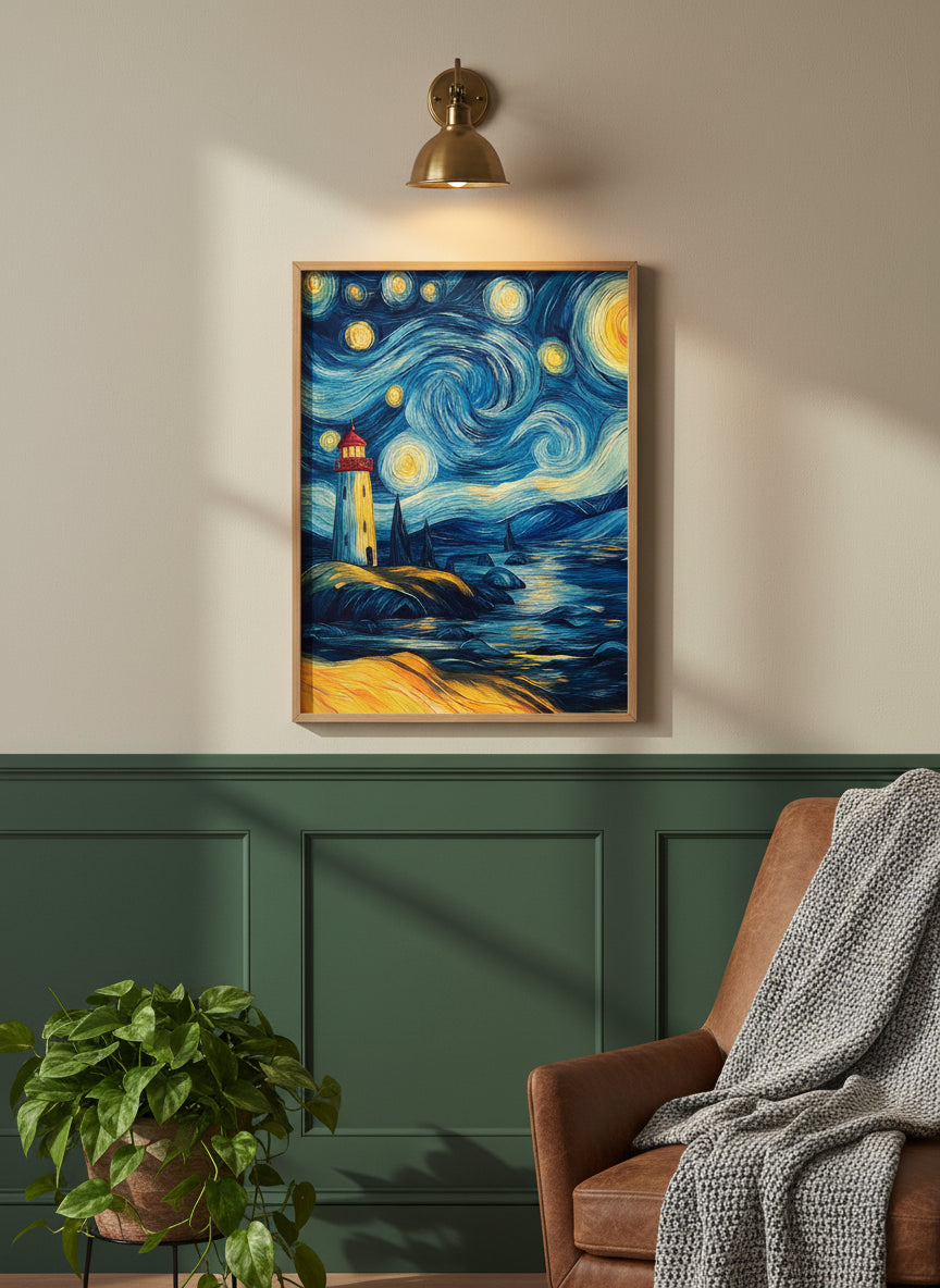 Van Gogh Style Lighthouse Night art print shown in a forest green walnut setting