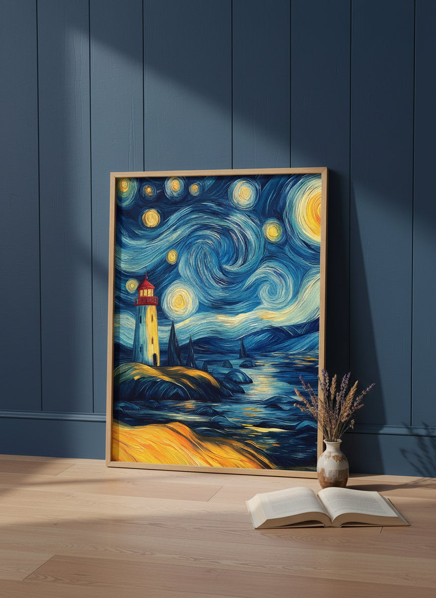 Van Gogh Style Lighthouse Night art print shown in a navy paneled oak setting