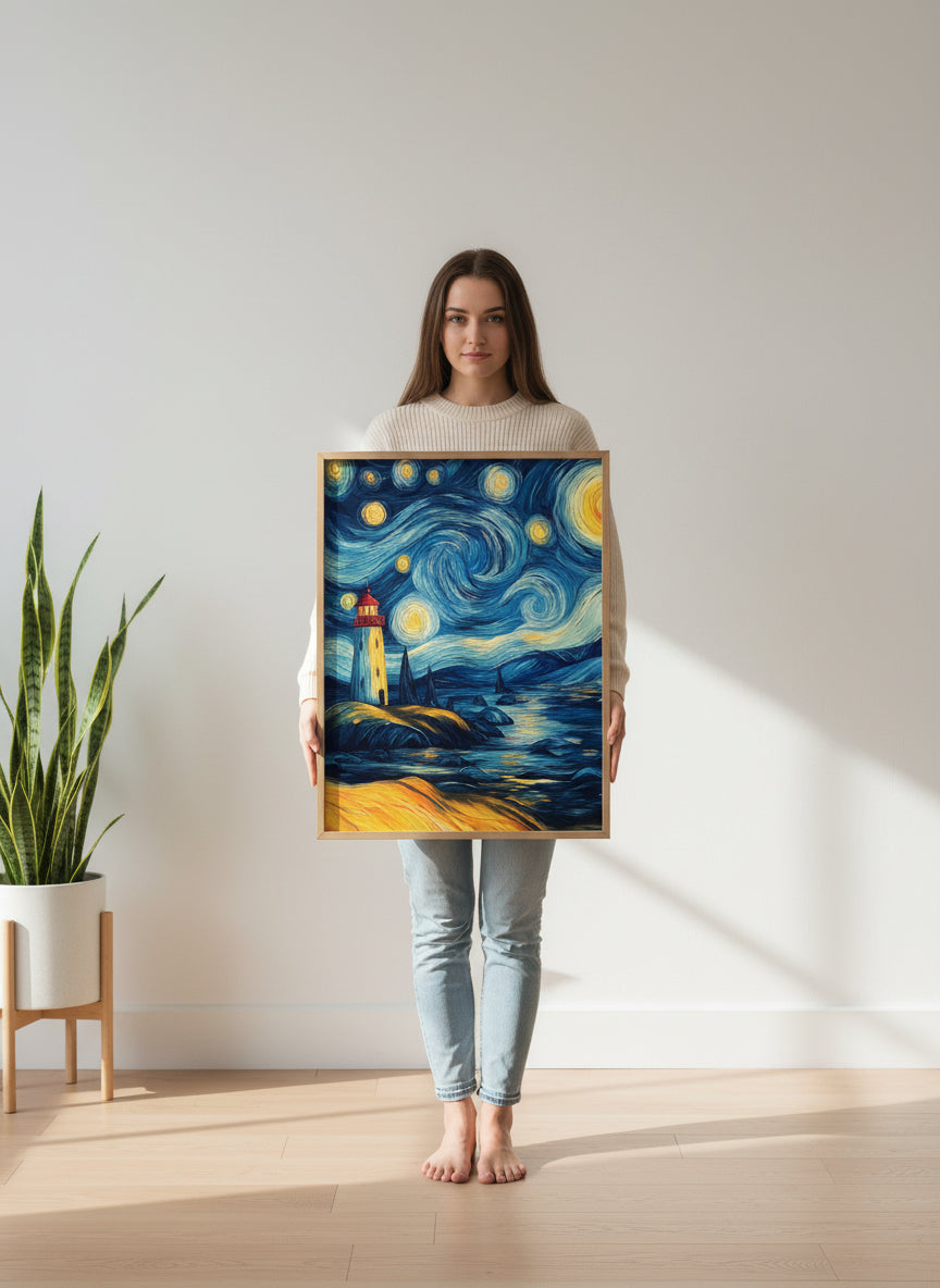 Van Gogh Style Lighthouse Night art print shown in a person holding bright setting