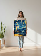 Van Gogh Style Lighthouse Night art print shown in a person holding bright setting