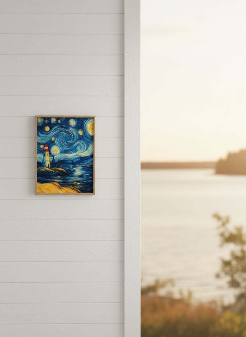 Van Gogh Style Lighthouse Night art print shown in a shiplap blurred view setting