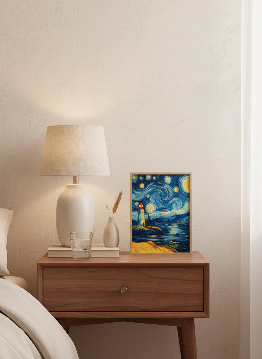 Van Gogh Style Lighthouse Night art print shown in a small bedside oak setting