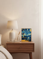 Van Gogh Style Lighthouse Night art print shown in a small bedside oak setting