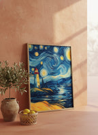Van Gogh Style Lighthouse Night art print shown in a terracotta rustic setting