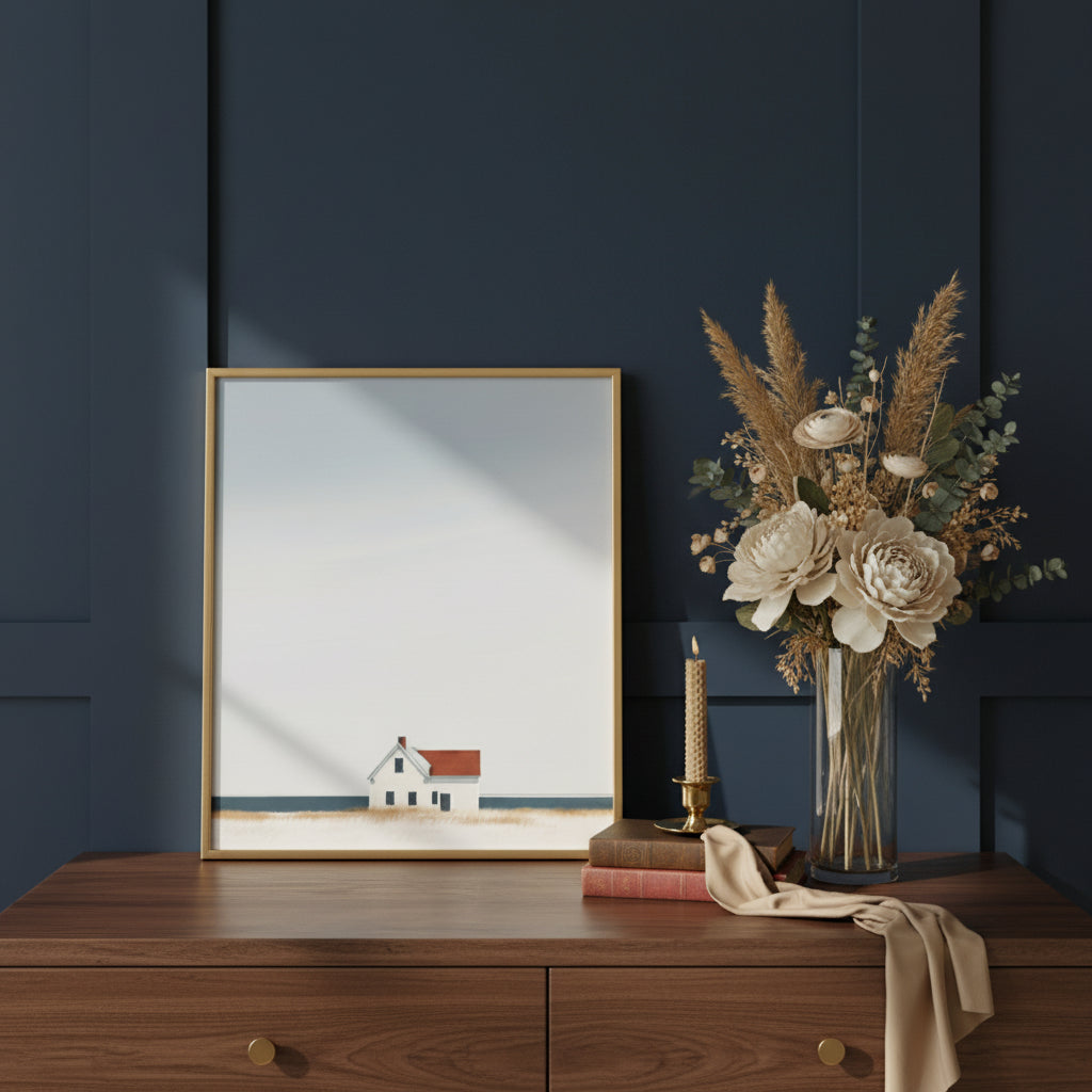 Minimalist Coastal Farmhouse Art art print shown in a dresser dried florals setting
