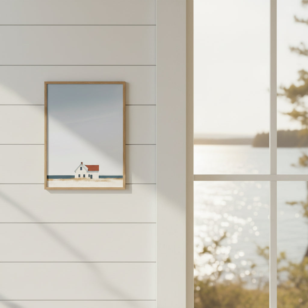Minimalist Coastal Farmhouse Art art print shown in a shiplap blurred view setting