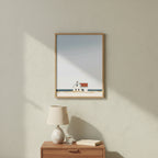 Minimalist Coastal Farmhouse Art art print shown in a square bedside oak setting