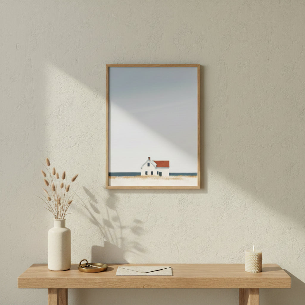 Minimalist Coastal Farmhouse Art art print shown in a square console brass setting