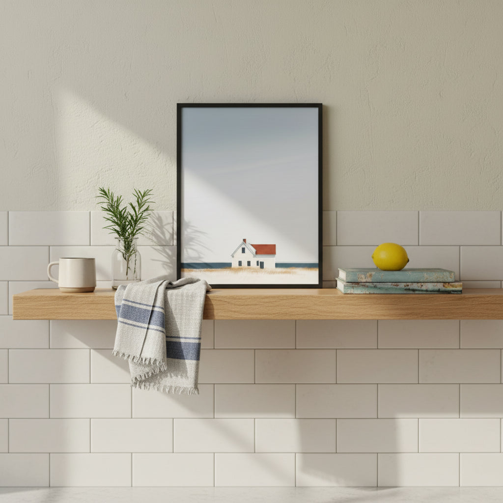 Minimalist Coastal Farmhouse Art art print shown in a square kitchen open shelf setting