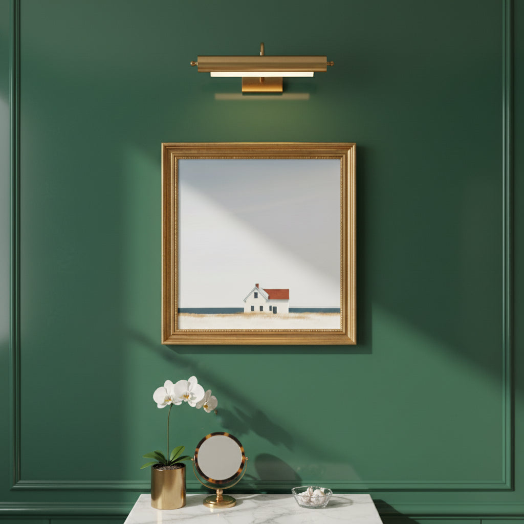 Minimalist Coastal Farmhouse Art art print shown in a square powder room emerald setting