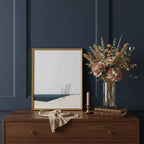 Minimalist Coastal Dune Art art print shown in a dresser dried florals setting