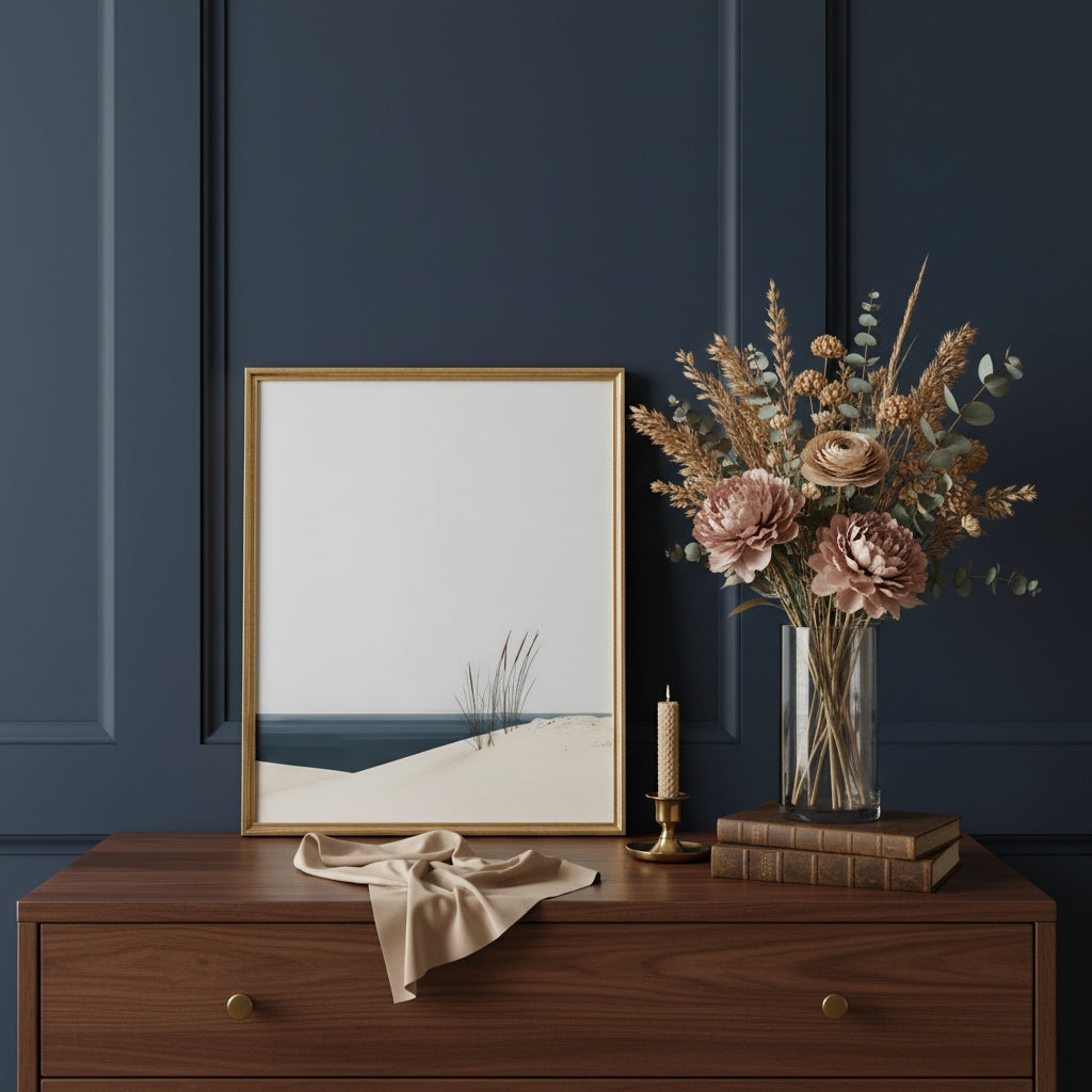 Minimalist Coastal Dune Art art print shown in a dresser dried florals setting