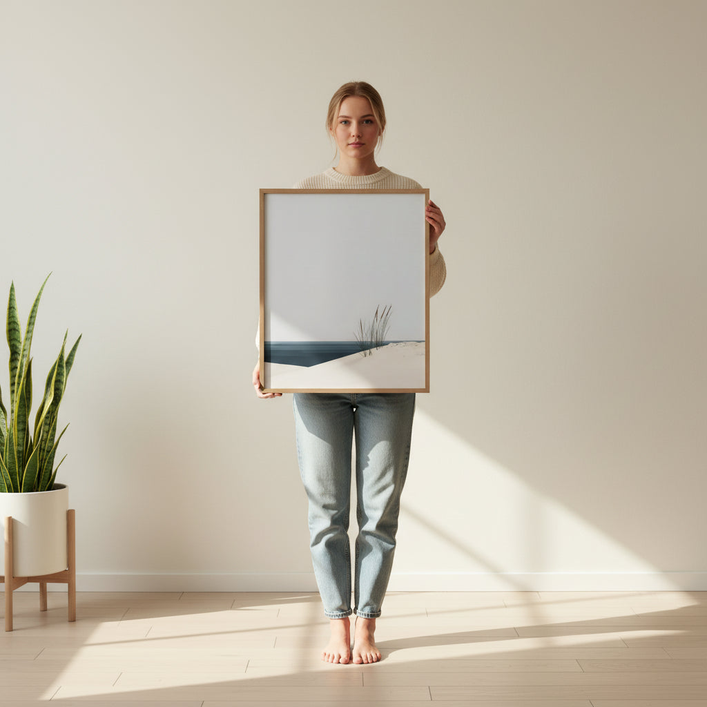 Minimalist Coastal Dune Art art print shown in a person holding bright setting