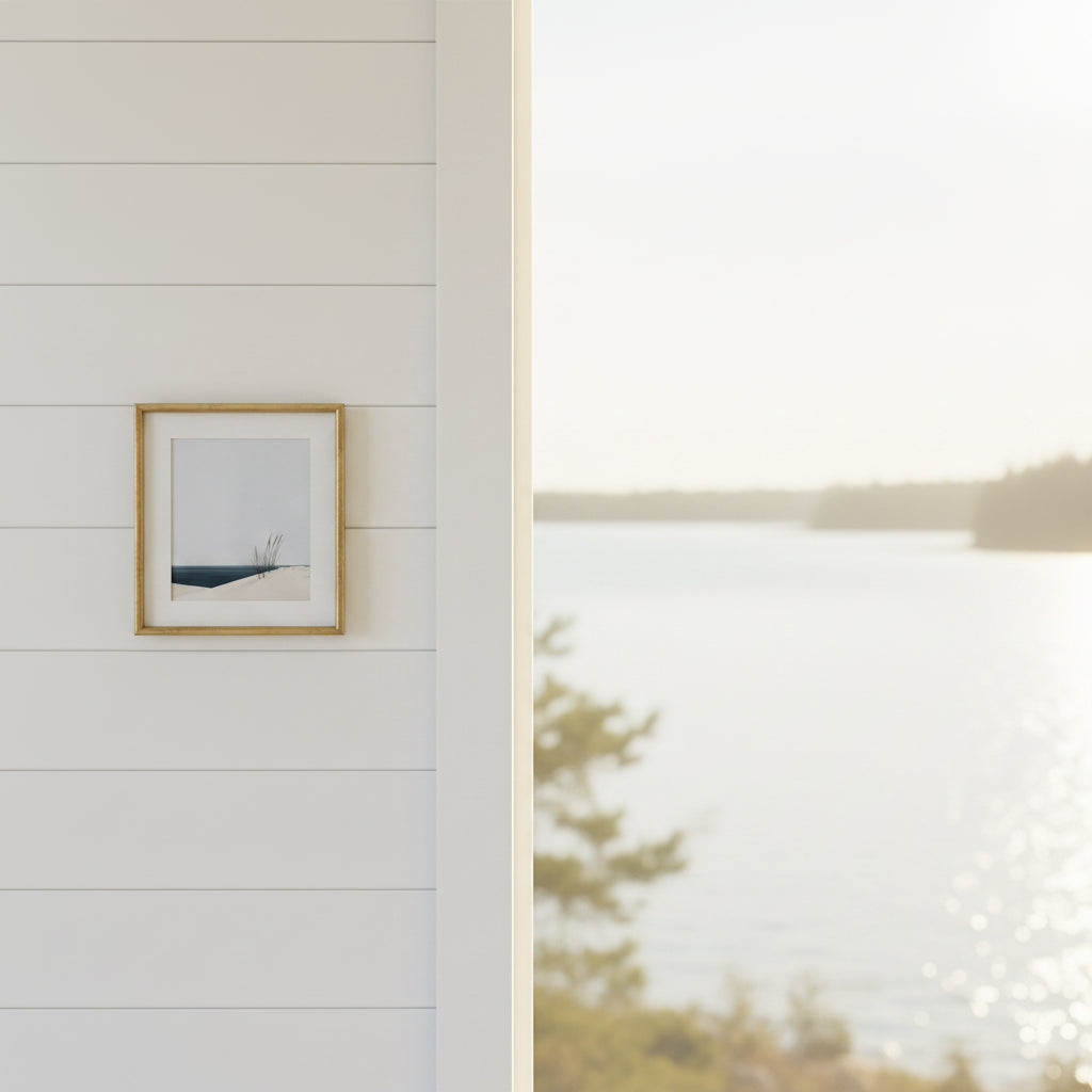 Minimalist Coastal Dune Art art print shown in a shiplap blurred view setting