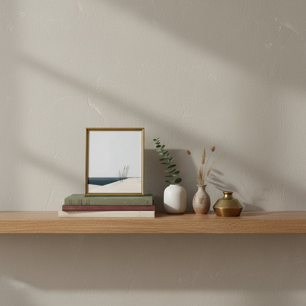 Minimalist Coastal Dune Art art print shown in a small bookshelf brass setting