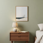 Minimalist Coastal Dune Art art print shown in a square bedside oak setting