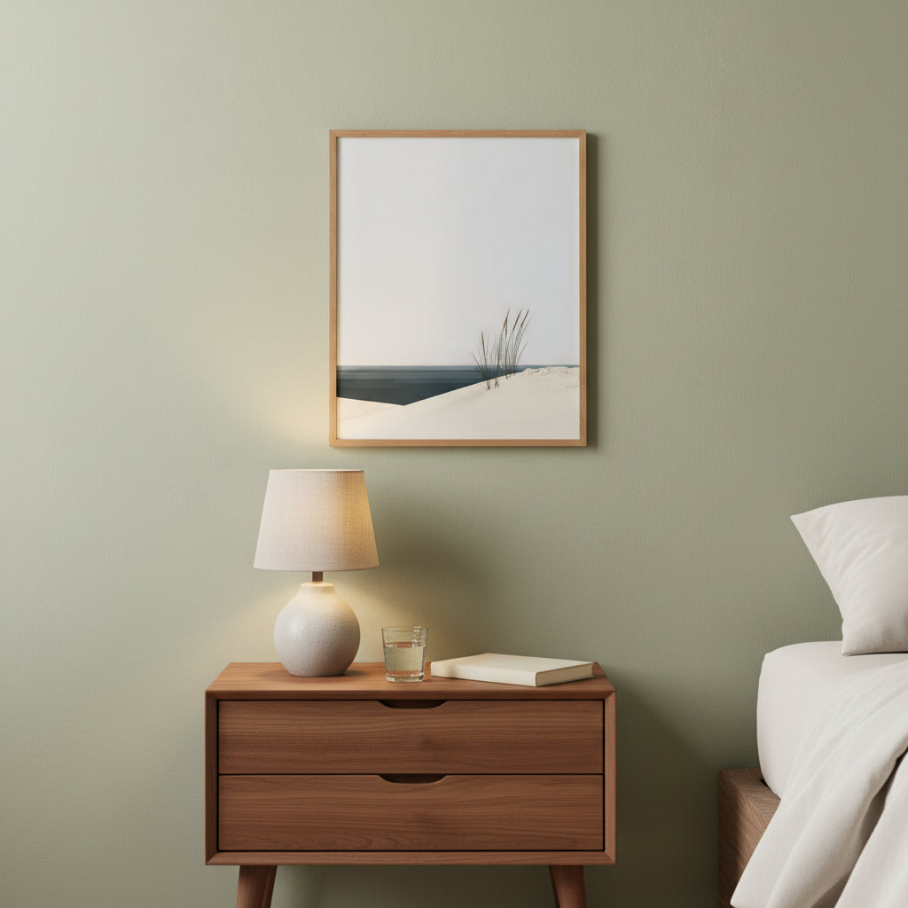 Minimalist Coastal Dune Art art print shown in a square bedside oak setting