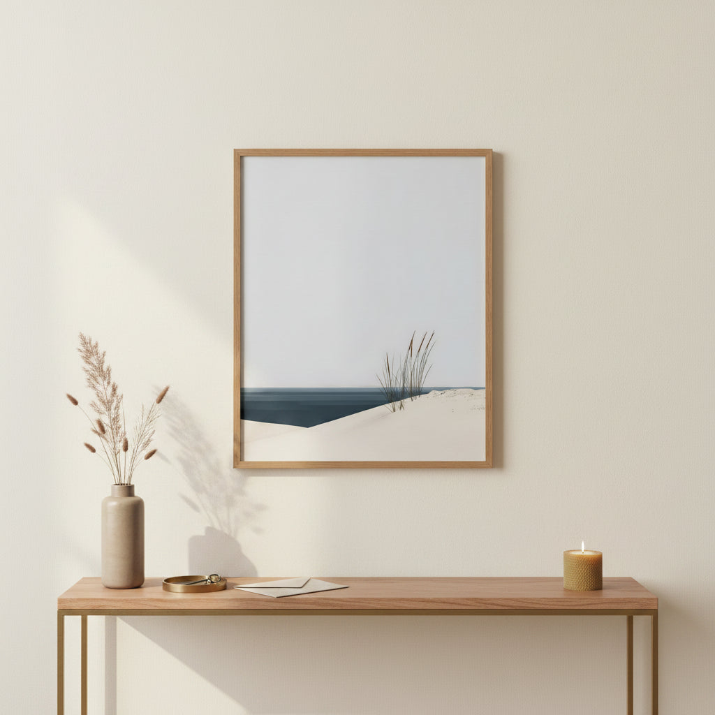 Minimalist Coastal Dune Art art print shown in a square console brass setting