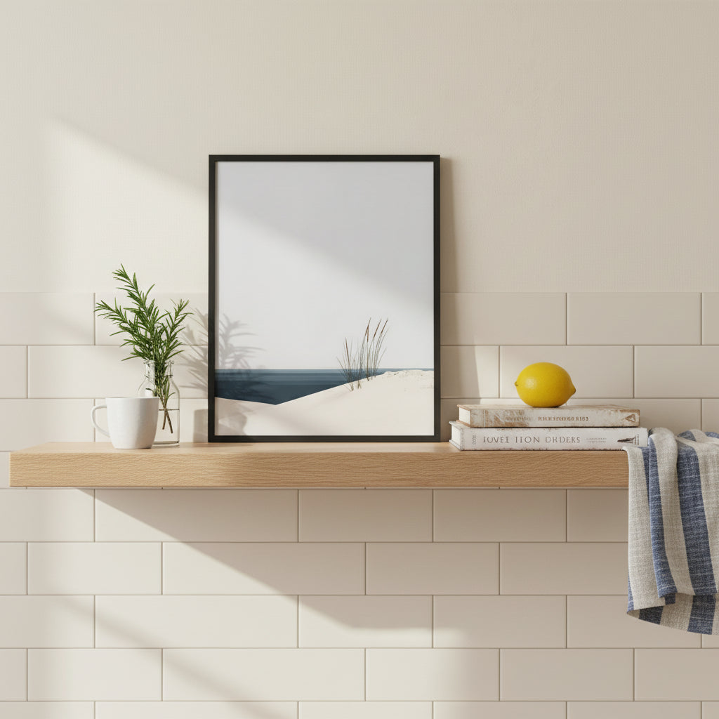 Minimalist Coastal Dune Art art print shown in a square kitchen open shelf setting