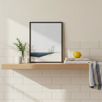 Minimalist Coastal Dune Art art print shown in a square kitchen open shelf setting