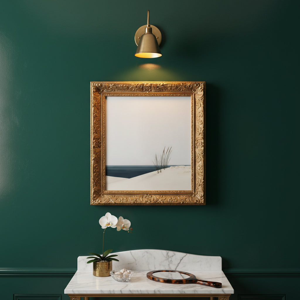 Minimalist Coastal Dune Art art print shown in a square powder room emerald setting