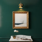 Minimalist Coastal Dune Art art print shown in a square powder room emerald setting