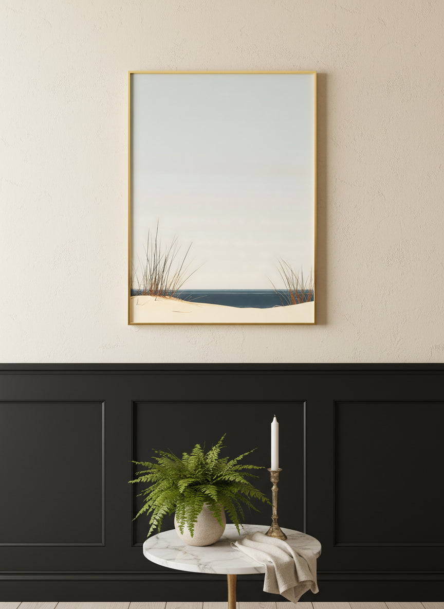 Minimalist Coastal Dune Art art print shown in a black wainscoting gold setting