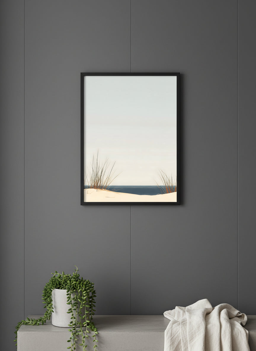 Minimalist Coastal Dune Art art print shown in a charcoal minimal black setting