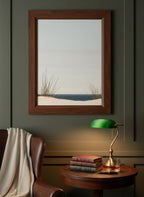 Minimalist Coastal Dune Art art print shown in a dark olive study setting