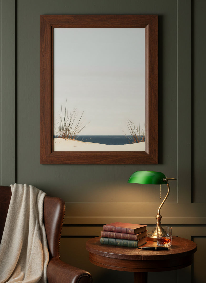 Minimalist Coastal Dune Art art print shown in a dark olive study setting