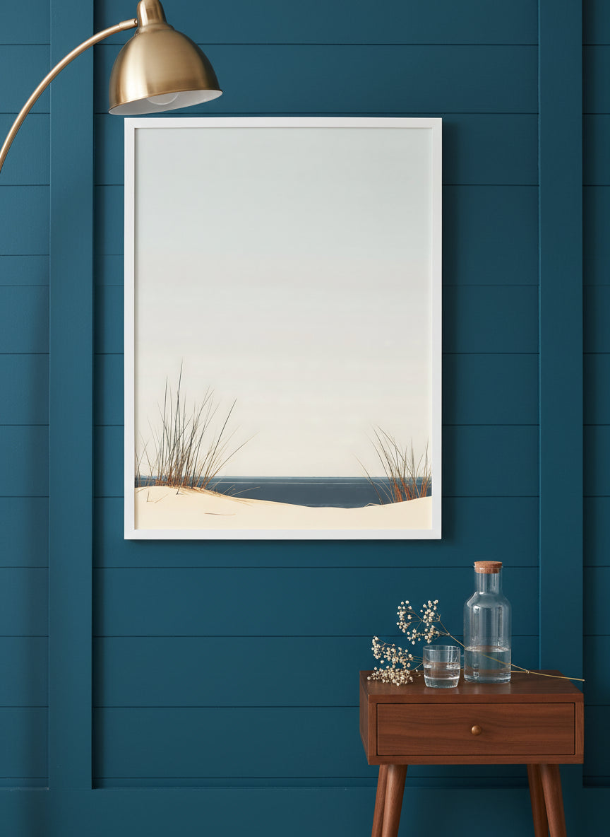 Minimalist Coastal Dune Art art print shown in a deep teal modern setting