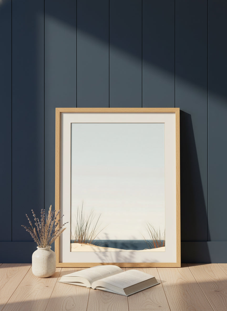 Minimalist Coastal Dune Art art print shown in a navy paneled oak setting
