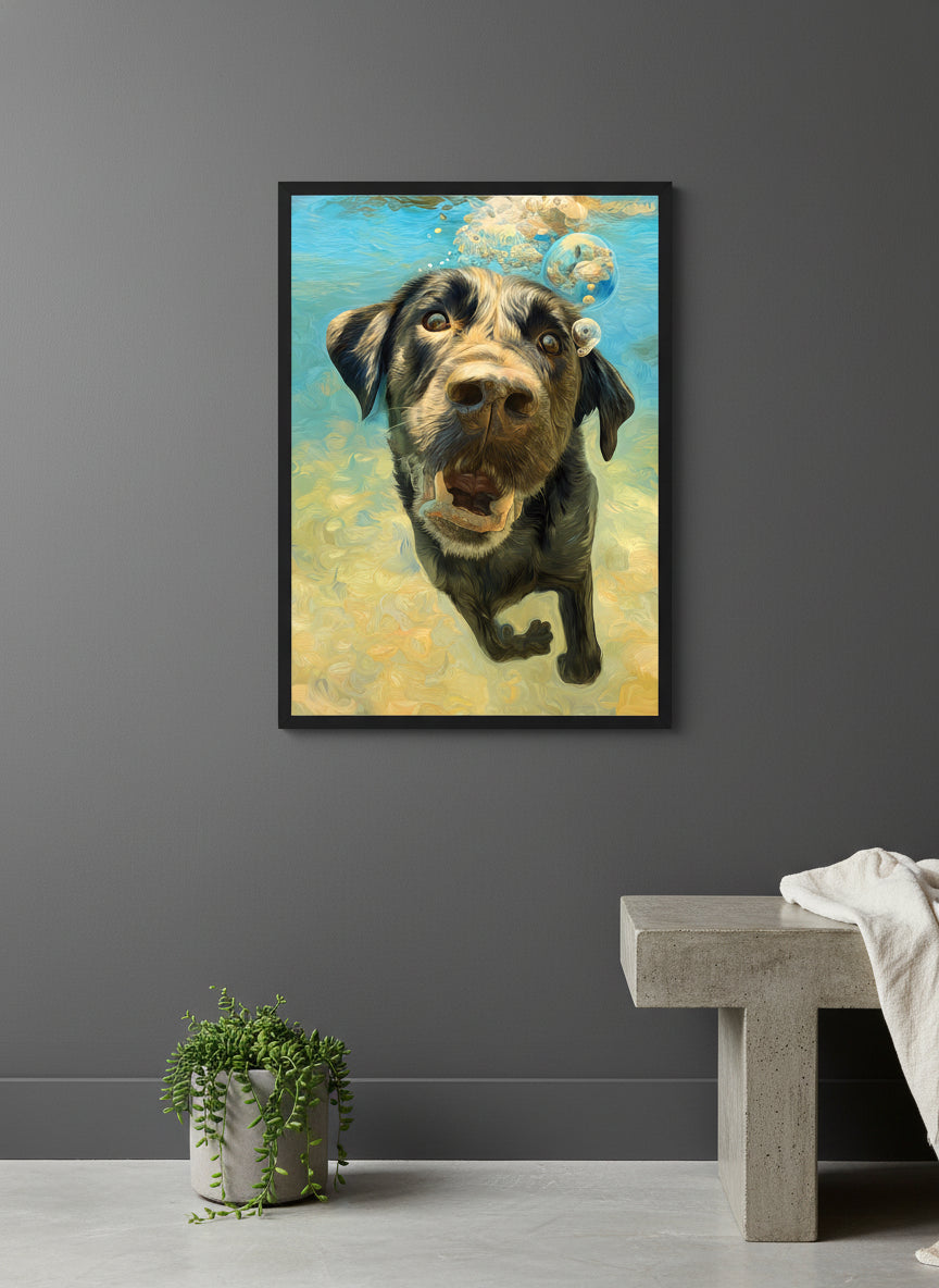 Underwater Swimming Labrador Dog Art art print shown in a charcoal minimal black setting