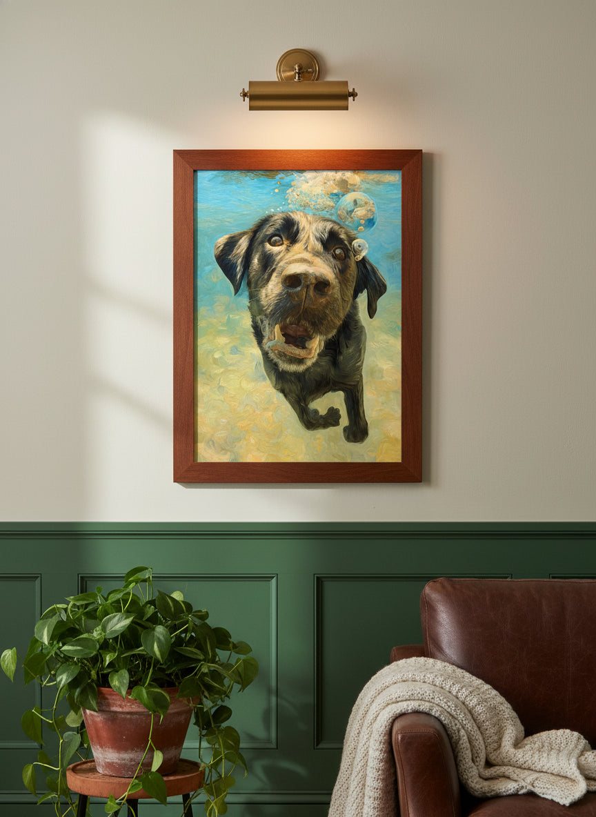 Underwater Swimming Labrador Dog Art art print shown in a forest green walnut setting