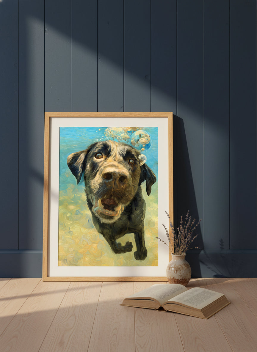 Underwater Swimming Labrador Dog Art art print shown in a navy paneled oak setting