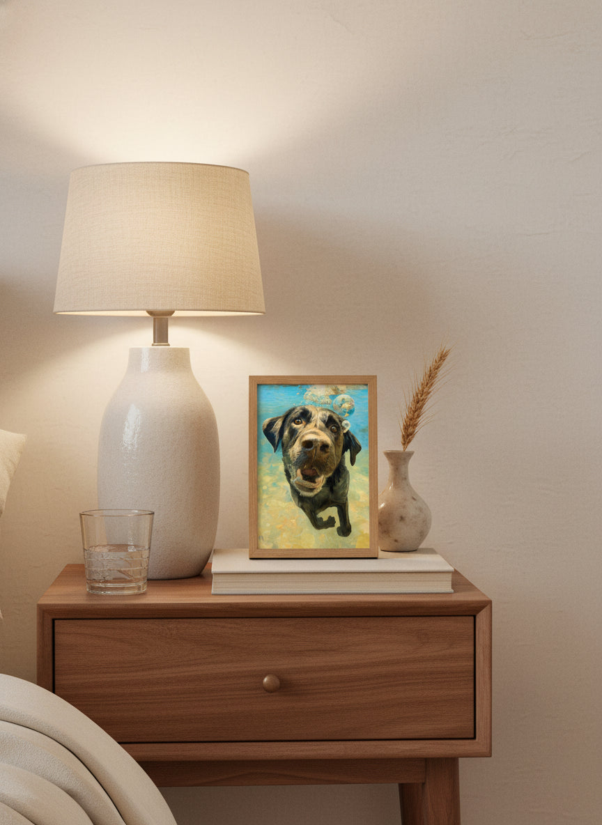 Underwater Swimming Labrador Dog Art art print shown in a small bedside oak setting