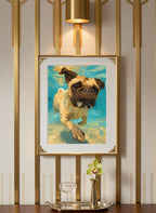 Pug Dog Underwater Art art print shown in a art deco geometric setting