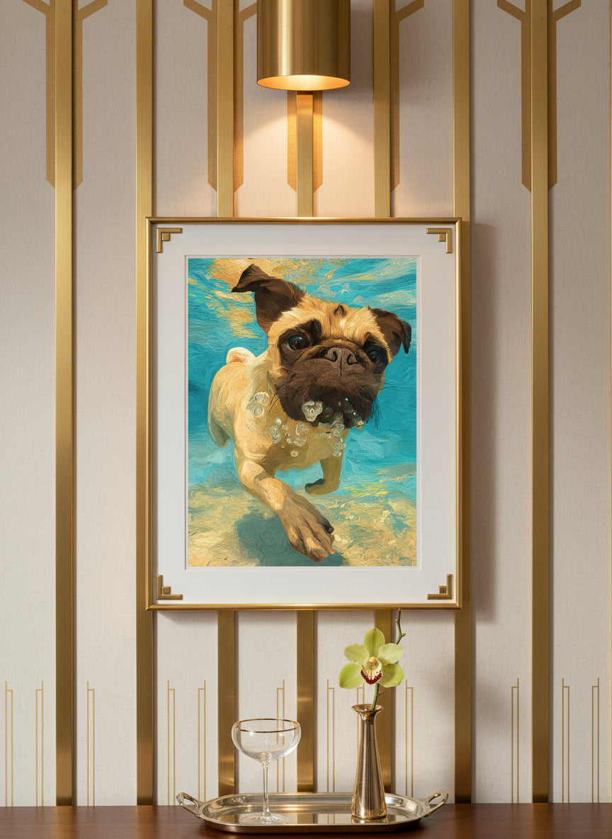 Pug Dog Underwater Art art print shown in a art deco geometric setting