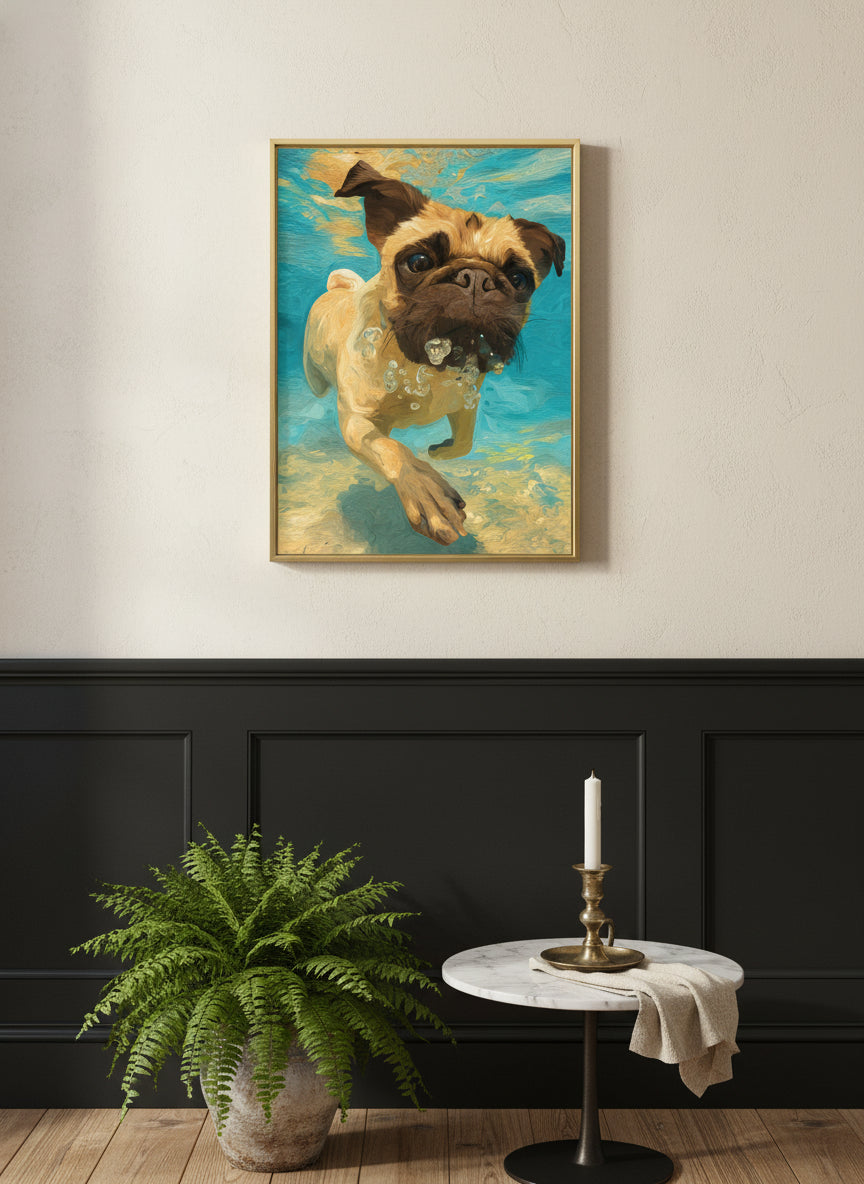 Pug Dog Underwater Art art print shown in a black wainscoting gold setting