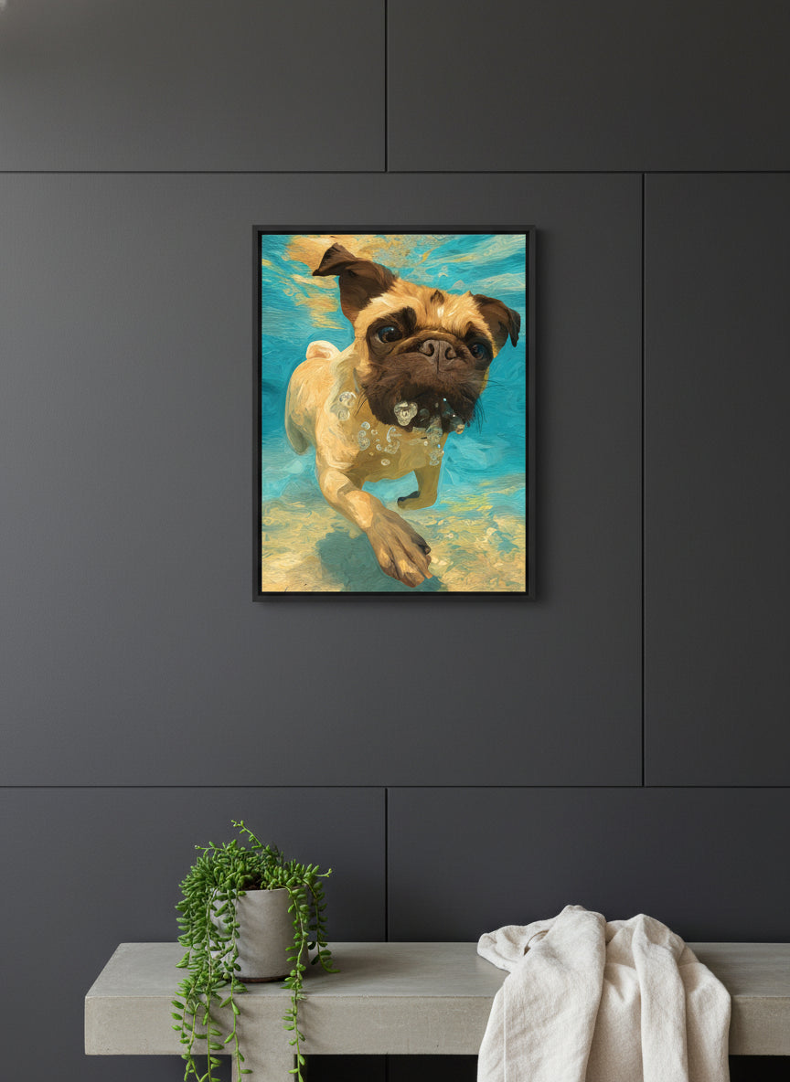 Pug Dog Underwater Art art print shown in a charcoal minimal black setting