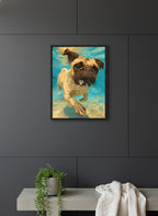 Pug Dog Underwater Art art print shown in a charcoal minimal black setting