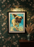 Pug Dog Underwater Art art print shown in a chinoiserie moody setting