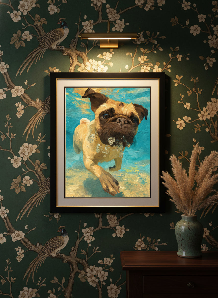 Pug Dog Underwater Art art print shown in a chinoiserie moody setting