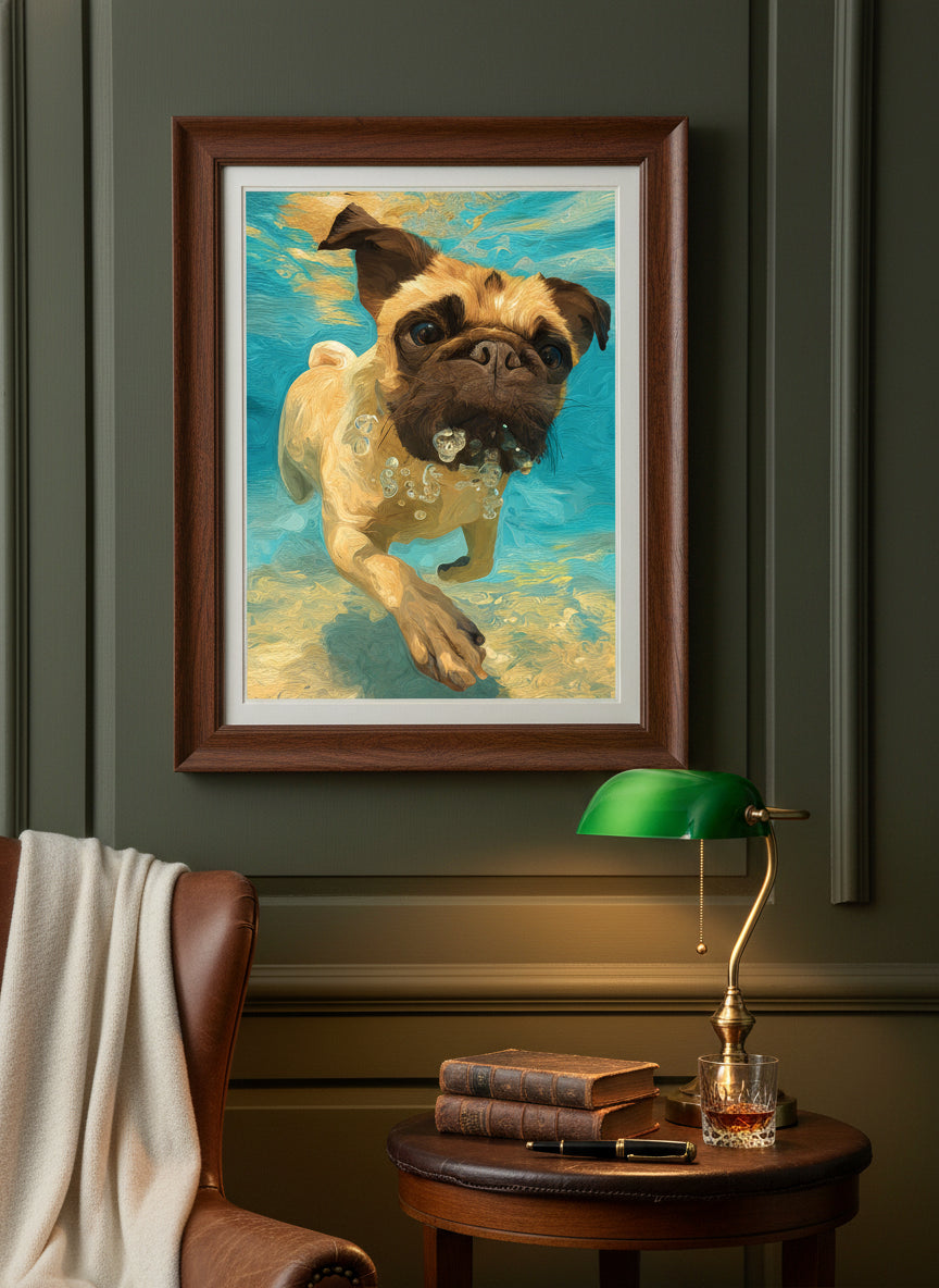 Pug Dog Underwater Art art print shown in a dark olive study setting