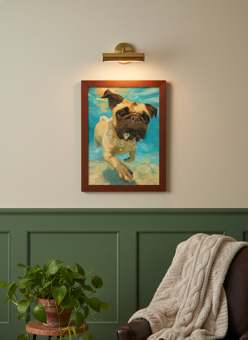 Pug Dog Underwater Art art print shown in a forest green walnut setting