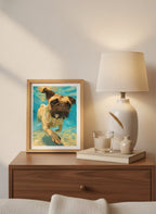 Pug Dog Underwater Art art print shown in a small bedside oak setting