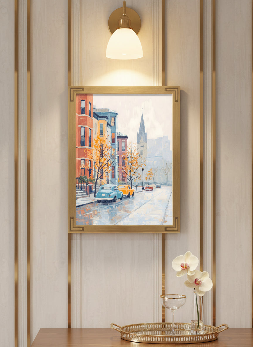 Boston Autumn Street Scene art print shown in a art deco geometric setting