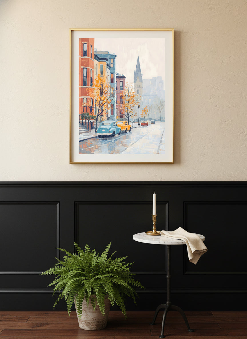 Boston Autumn Street Scene art print shown in a black wainscoting gold setting