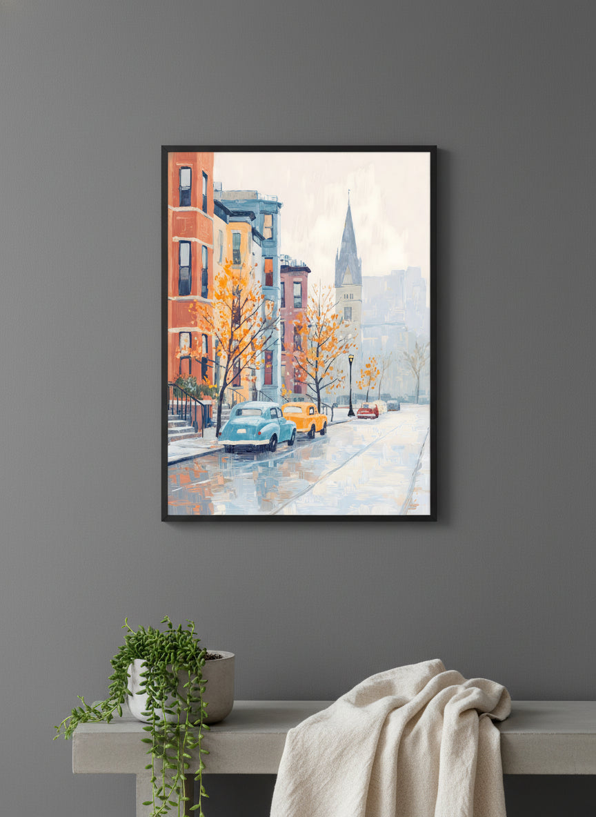 Boston Autumn Street Scene art print shown in a charcoal minimal black setting
