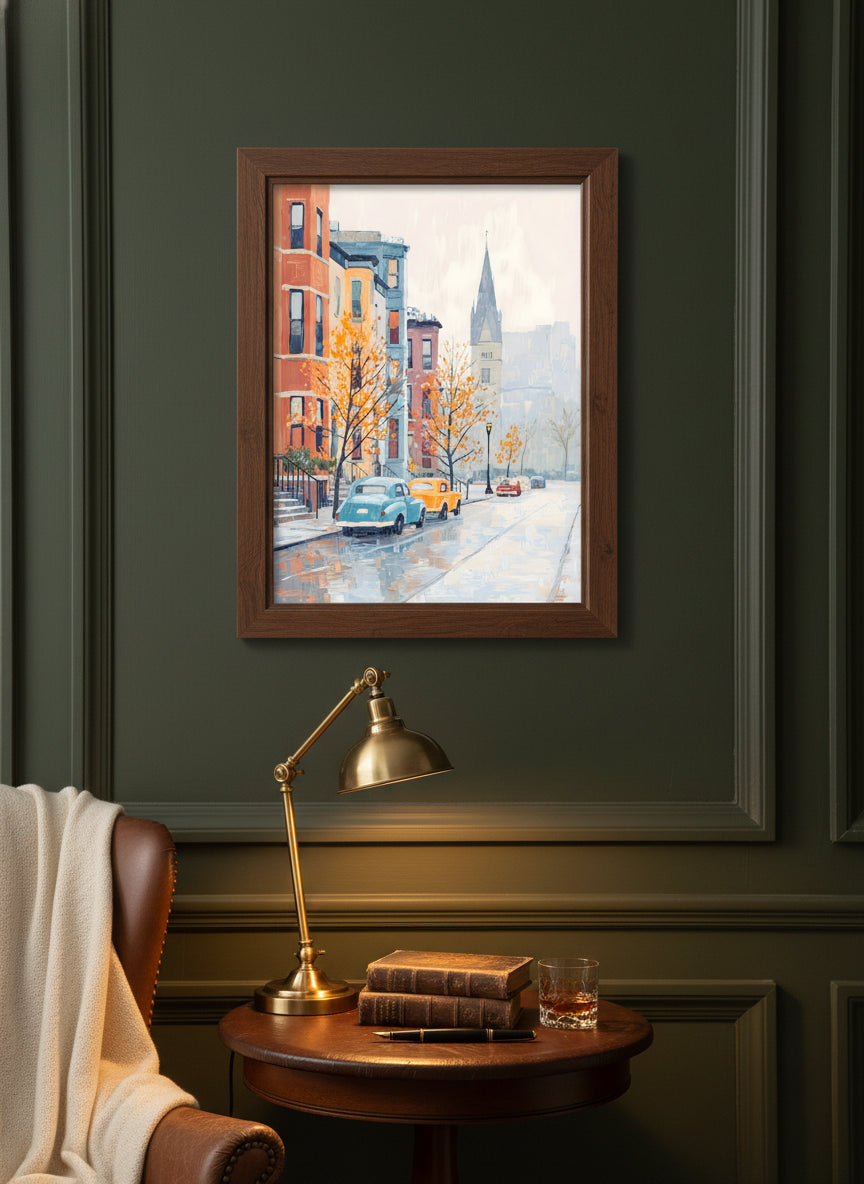 Boston Autumn Street Scene art print shown in a dark olive study setting